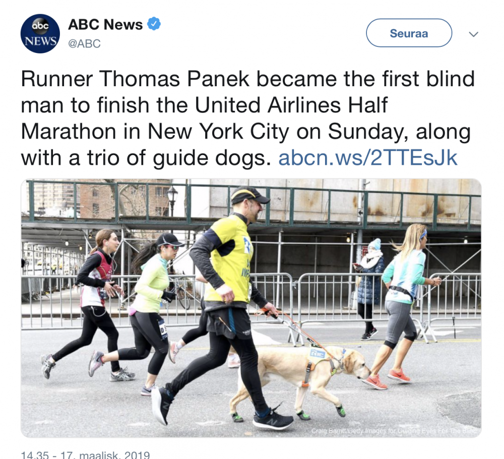 Sokea mies juoksi opaskoirien avustuksella New Yorkin puolimaratonin